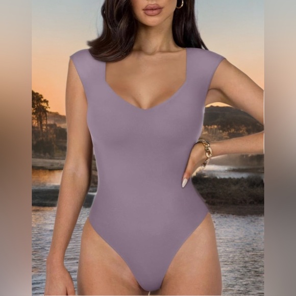 NWT Women's Sexy V Neck Double Lined Sleeveless Bodysuit Eggplant Size S - Picture 1 of 8